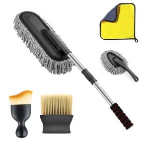 ORJILO 5 PCS Microfiber Car Duster Kit Interior & Exterior Car Cleaning Detailing Tool Scratch & Lint Free, Pollen Removing Extendable Long Handle Duster for Car & Motorcycle car (Car Duster Kit)