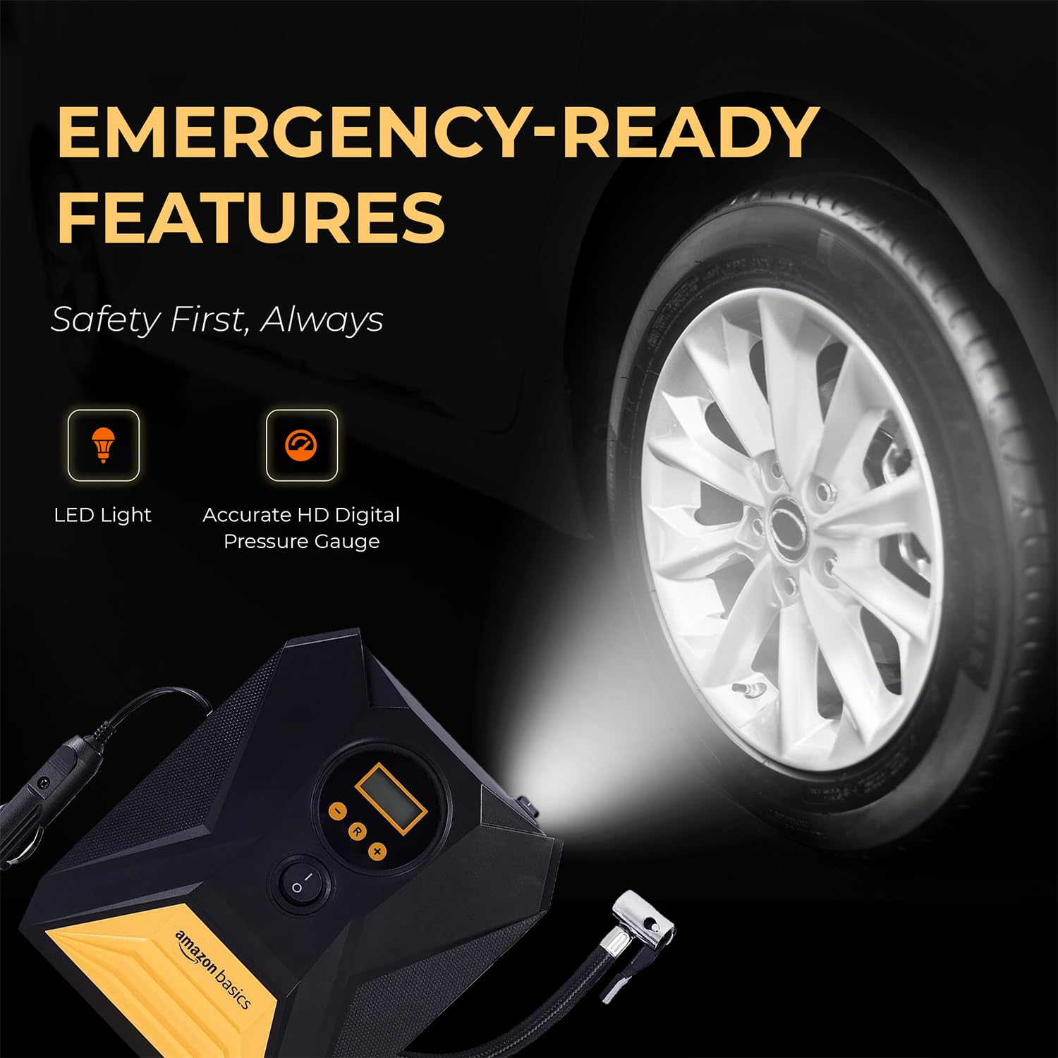 Amazon Basics Portable DC Digital Tyre Inflator 12V, 150 PSI with Digital Pressure Gauge and LED Light - Image 2